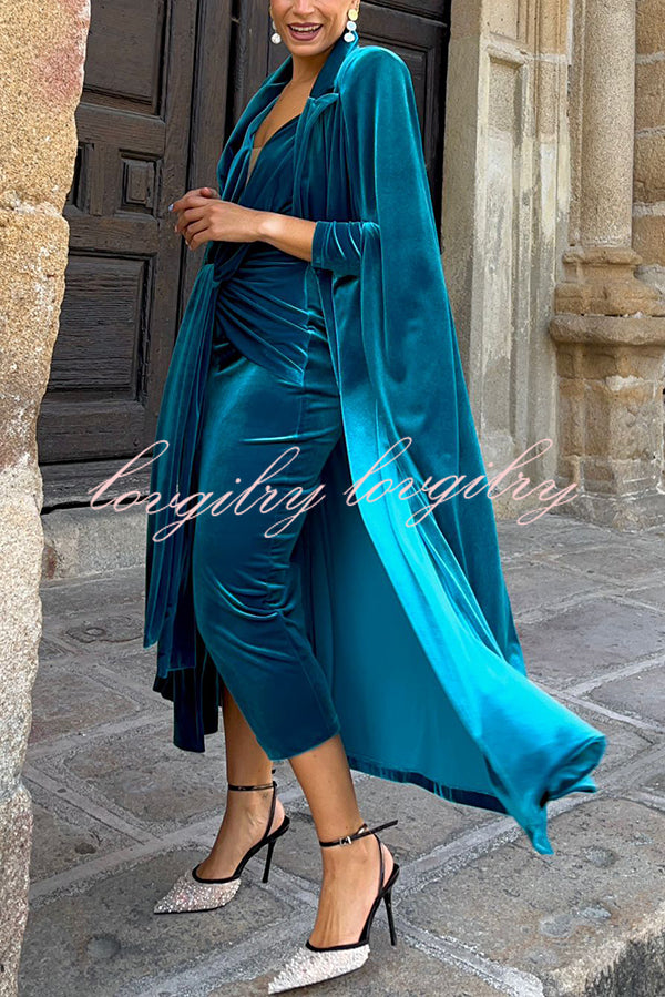 Elisabeth Luxurious Velvet Padded Shoulders Long Sleeve Twist Waist Drape Midi Dress