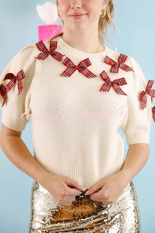 Fashion Bow Decorated Round Neck Short Sleeve Knitted Sweater