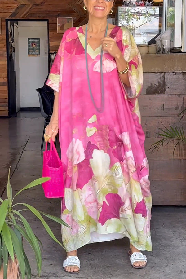 Botanical Print V-neck Half-sleeved Loose Maxi Dress