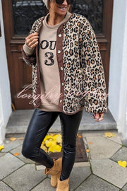 Warm Feel Colorblock Leopard Print Plush Button Up Pocketed Teddy Jacket