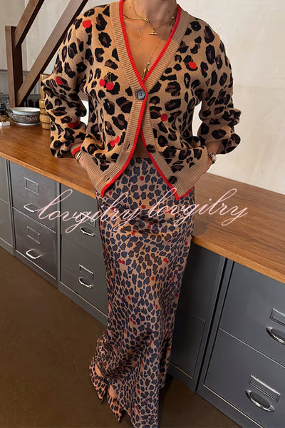 Perfect for Winter Leopard Cherry Print Satin Elastic Waist Draped Maxi Dress