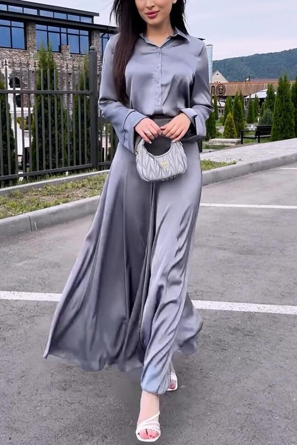 Satin Elegant Long-sleeved Lapel Shirt and High-waisted Draped Maxi Skirt Set