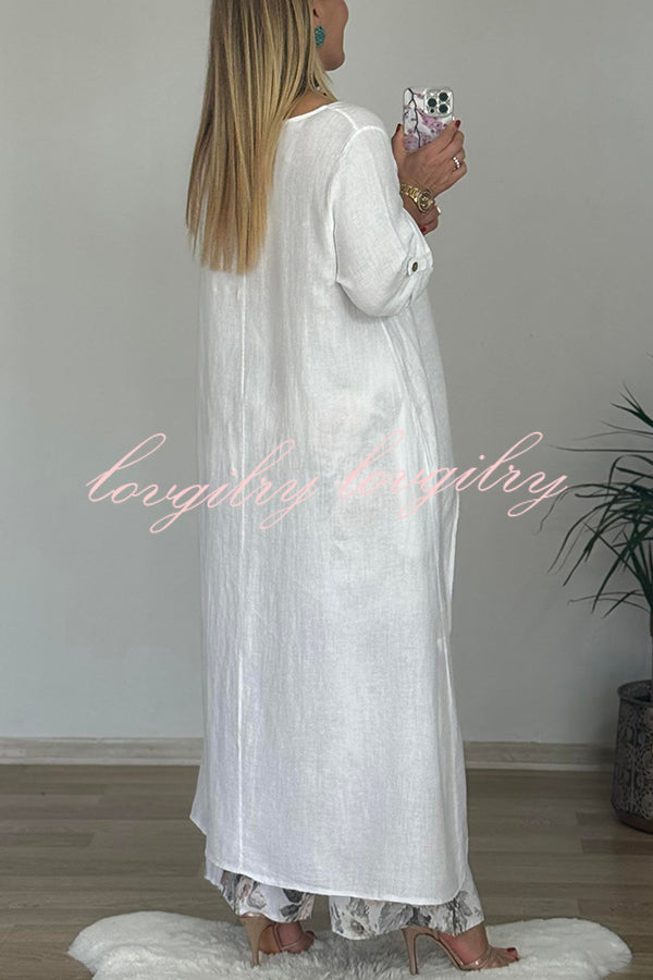 Linen Blend Crew Neck Long Sleeve Irregular Loose Top and Elastic Waist Floral Print Casual Pocket Set