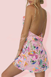 Round Neck Backless Sequin Floral Chain A Line Mini Dress