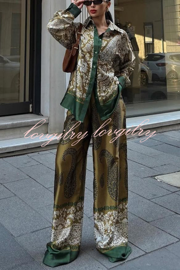 Naya Satin Contrast Color Paisley Long Sleeve Shirt and Elastic Waist Pocketed Pants Set