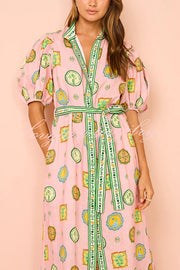 Orla Unique Print Balloon Sleeves Printed Belt Pocket Midi Dress