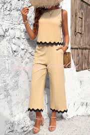 Wave Trimmed Round Neck Buttoned Elastic Waist Pants Suit