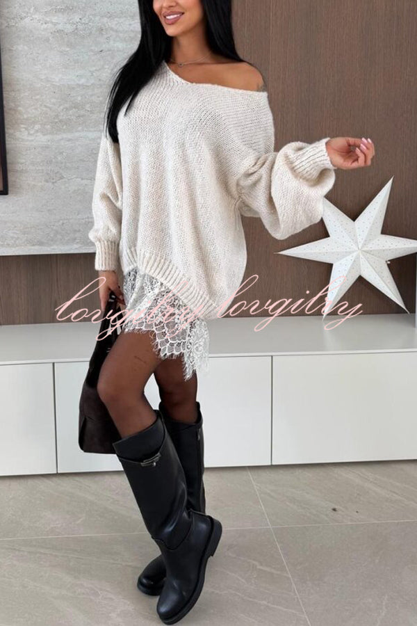 Comfy and Sweet Knit Lace Patchwork Hem Wide Neck Long Sleeve Loose Sweater