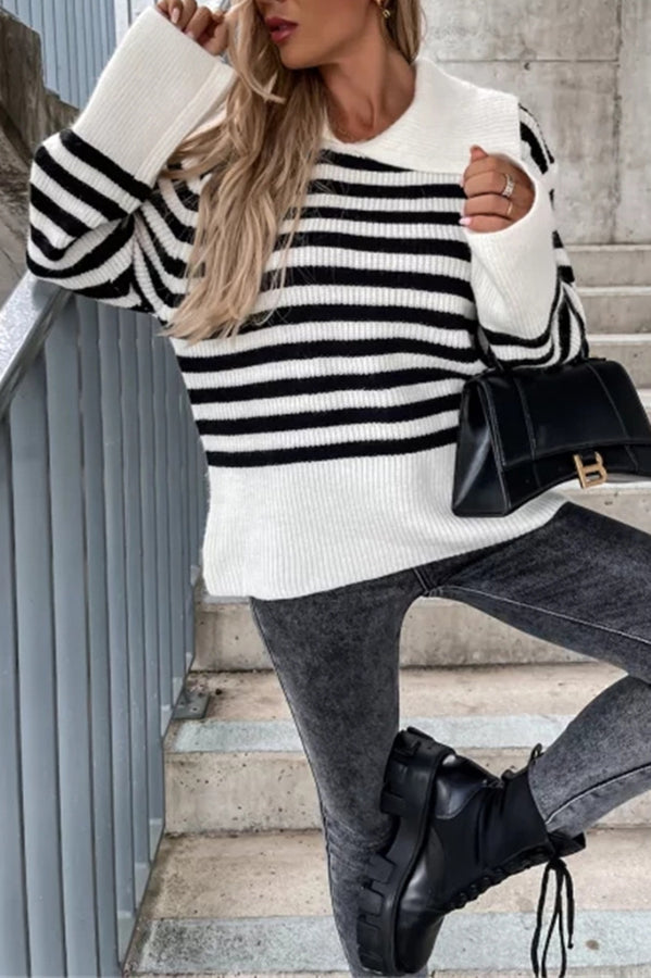 Irregular Lapel Contrast Striped Knitted Long Sleeved Sweater