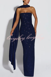 Pandra Glittery Crepe Fabric Off Shoulder Ruched Slit Cape Maxi Dress