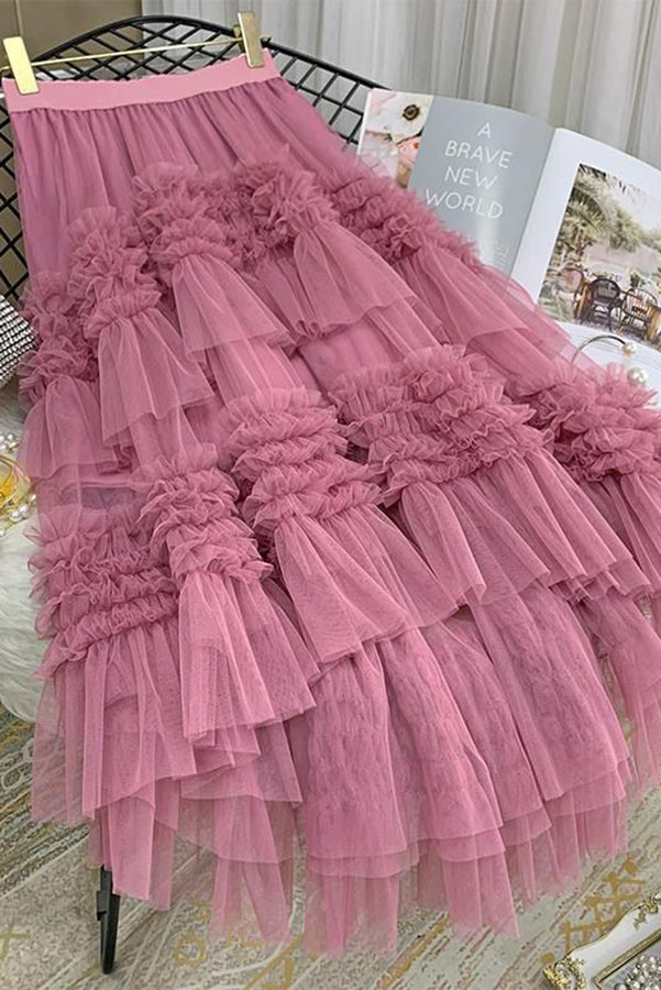 Elegant Mood Tulle Pleated Ruffle Elastic Waist Tiered Midi Skirt