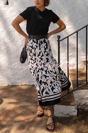 Resort Style Botanical Print Elastic Waist Loose Stitching Midi Skirt