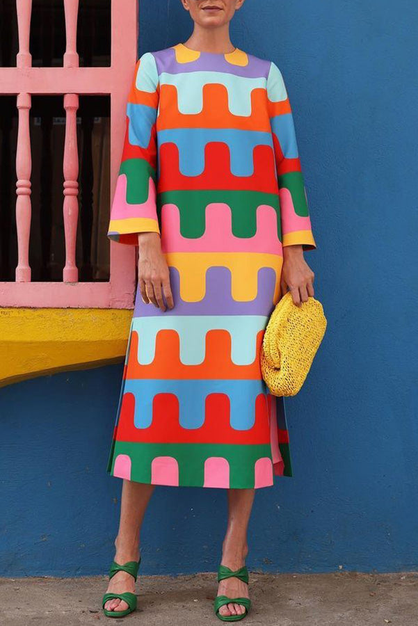 Bright Day Colorful Ripple Print Side Slit Midi Dress