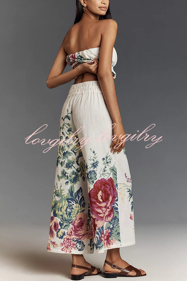 In To The Summer Linen Blend Floral Print Elastic Bandeau and Elastic Waist Pocket Loose Pants Set