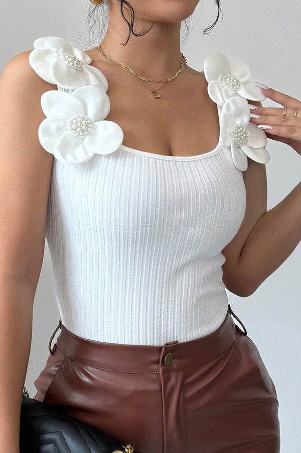 Fashionable 3D Flower Decorated Casual Slim Fit Sleeveless Top