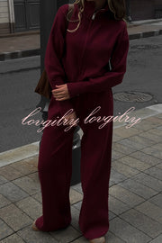 Effortlessly Stylish Ribbed Zipper High Neck Sweatshirt and Elastic Waist Pocketed Loose Pants Set