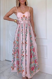 Linen Blend Delicate Forest Unique Print Sweetheart Neck Beaded Straps Maxi Dress