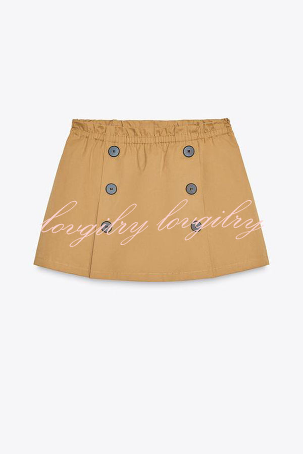Chic Comfort Mid Rise Elastic Waist Contrast Buttons Pocket Mini Skort