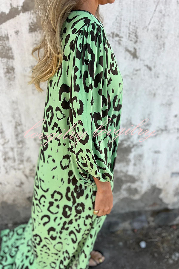 Leopard Print Loose V-neck Pocket Holiday Style Maxi Dress