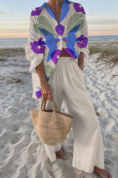 Swallow Print Oversized Shirt and Elastic Waist Pocket Pants Set