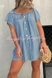 Fashionable Off Shoulder Short-sleeved Loose Denim Mini Dress