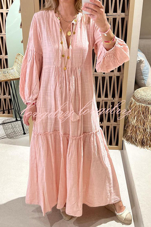 Simple V Neck Lace Up Pleated Maxi Dress