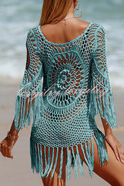 Unique Pattern Knitted Cutout Crew Neck Short Sleeved Cover Up