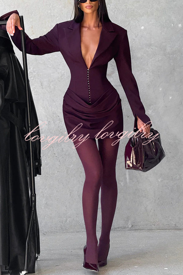 Solid Color Slim-fit V-neck Elegant Draped Formal Mini Dress