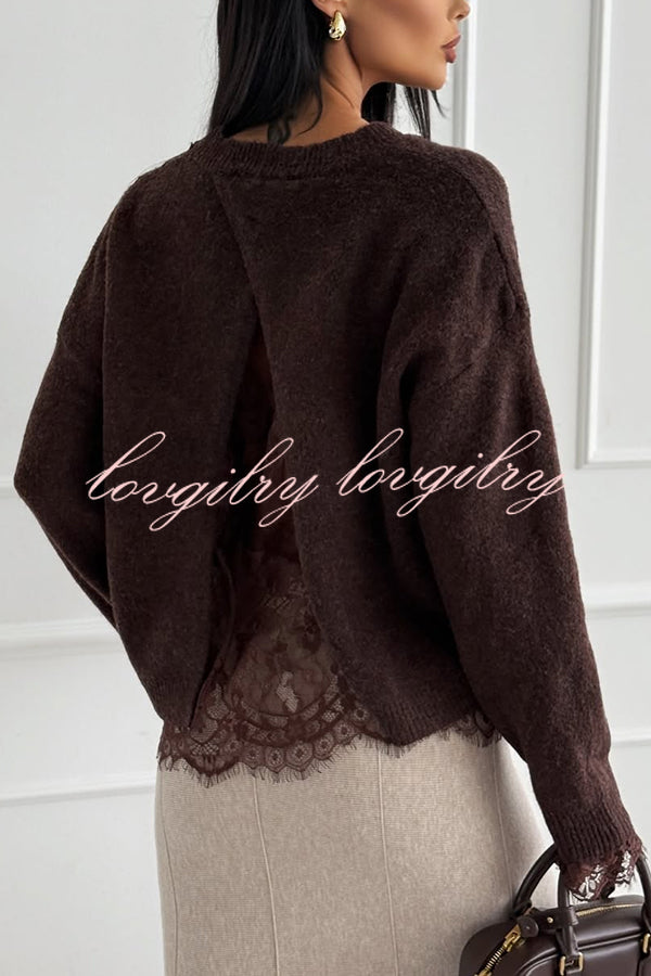 Caitlin Knit Lace Trim Patchwork Long Sleeve Back Slit Relaxed Sweater