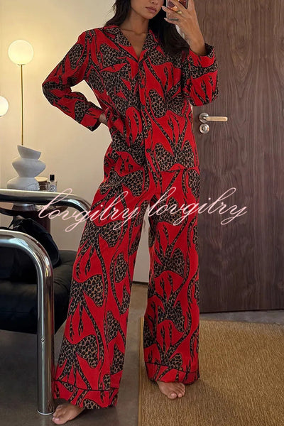 Stylish Colorblock Leopard Print Loose Shirt and Elastic Waist Pocketed Pajama Set
