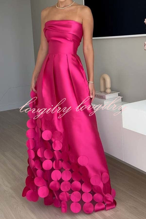 Luxurious Poise Satin Spliced mesh Polka-dot Fabric Off Shoulder Formal Maxi Dress