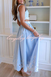 Perfect Vacation Embroidered Trim Crop Tank and Elastic Waist A-line Maxi Skirt Set