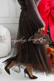 Party Daydream Sequin Tulle High Rise Elastic Waist Maxi Skirt