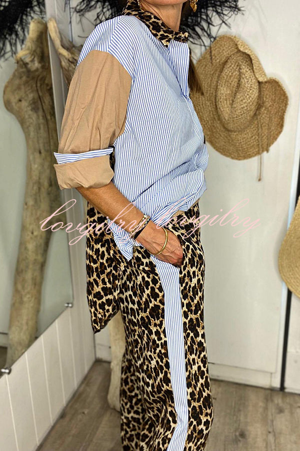 Leopard Print Patchwork Long-sleeved Loose Shirt and Elastic Waist Casual Pocket Wide-leg Pants Set