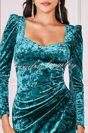 Solid Color Velvet Long-sleeved Slim-fit Slit Midi Dress