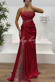 Essie Satin Rhinestone Patchwork Twist Waist Strapless Slit Maxi Dress