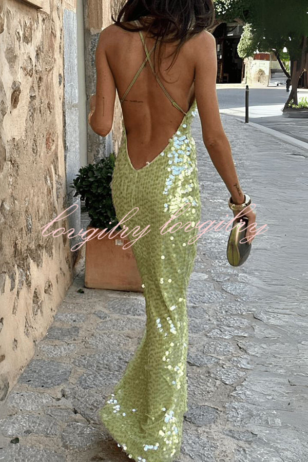 Fashionable Sequined Sexy Open Back Slim Maxi Dress