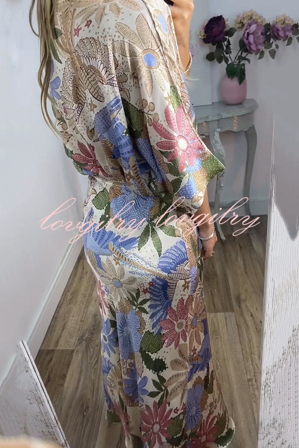 Satin Floral Print V-neck Half-sleeve Loose Top and Elegant Maxi Skirt Set