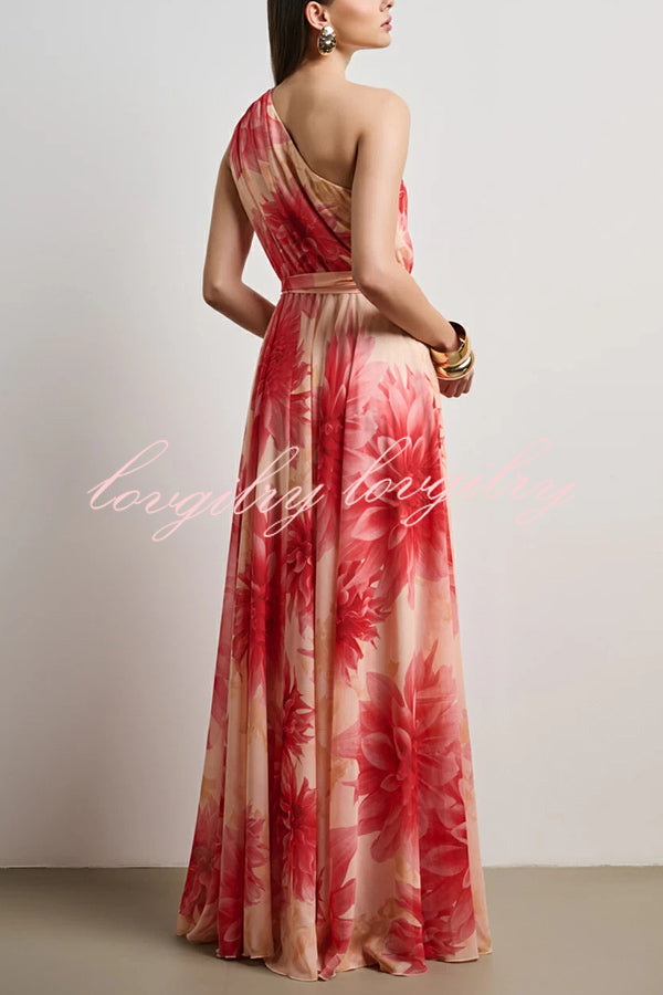 Floral Print One Shoulder Waist Tie Full Hem Resort Style Maxi Dress