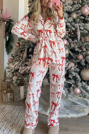 Christmas Bow Print Long Sleeve Shirt and Elastic Waist Pocket Pants Set