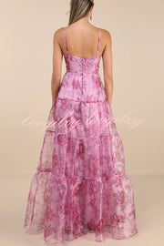 Exclusive Glamour Organza Floral Print Tiered Slip Maxi Dress