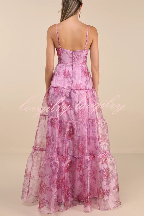 Exclusive Glamour Organza Floral Print Tiered Slip Maxi Dress