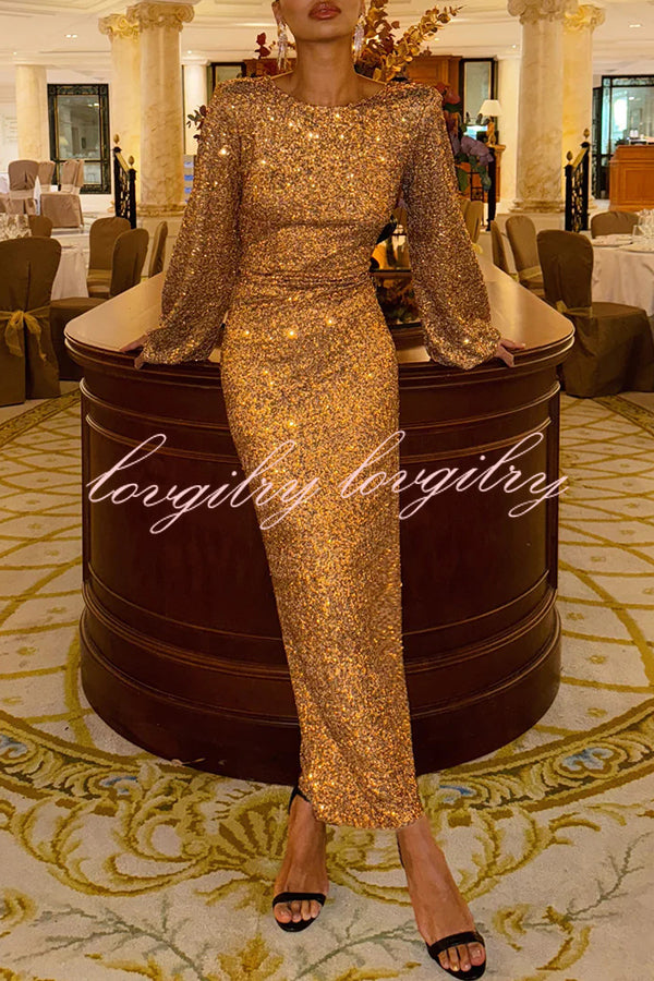 Shine Your Style Sequin Balloon Sleeve Back Drape Cowl Neck Maxi Dress