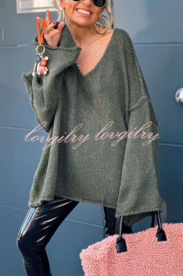 Fashionable Patchwork V-neck Long Sleeve Knit Sweater