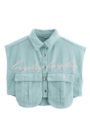 Stylish Weekend Denim Button Up Cape Sleeve Pocket Crop Top