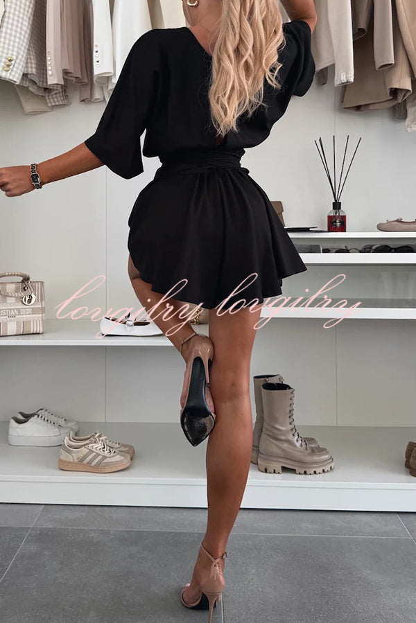 Stylish Comfortable V-neck Wide Sleeve Tie-up Loose Romper