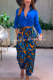 Ocean Heart Linen Blend Printed Ruched Hem Blouse and Belted High Rise Pocket Loose Pants Set