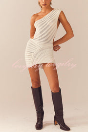 Solid Color Sexy One Shoulder Hollow Stitching Slim Fit Knitted Mini Dress