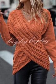 Solid Color V Neck Cross Jacquard Long Sleeved Sweater