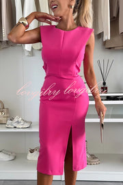 Solid Color Round Neck Sleeveless Slim Fit Slit Midi Dress